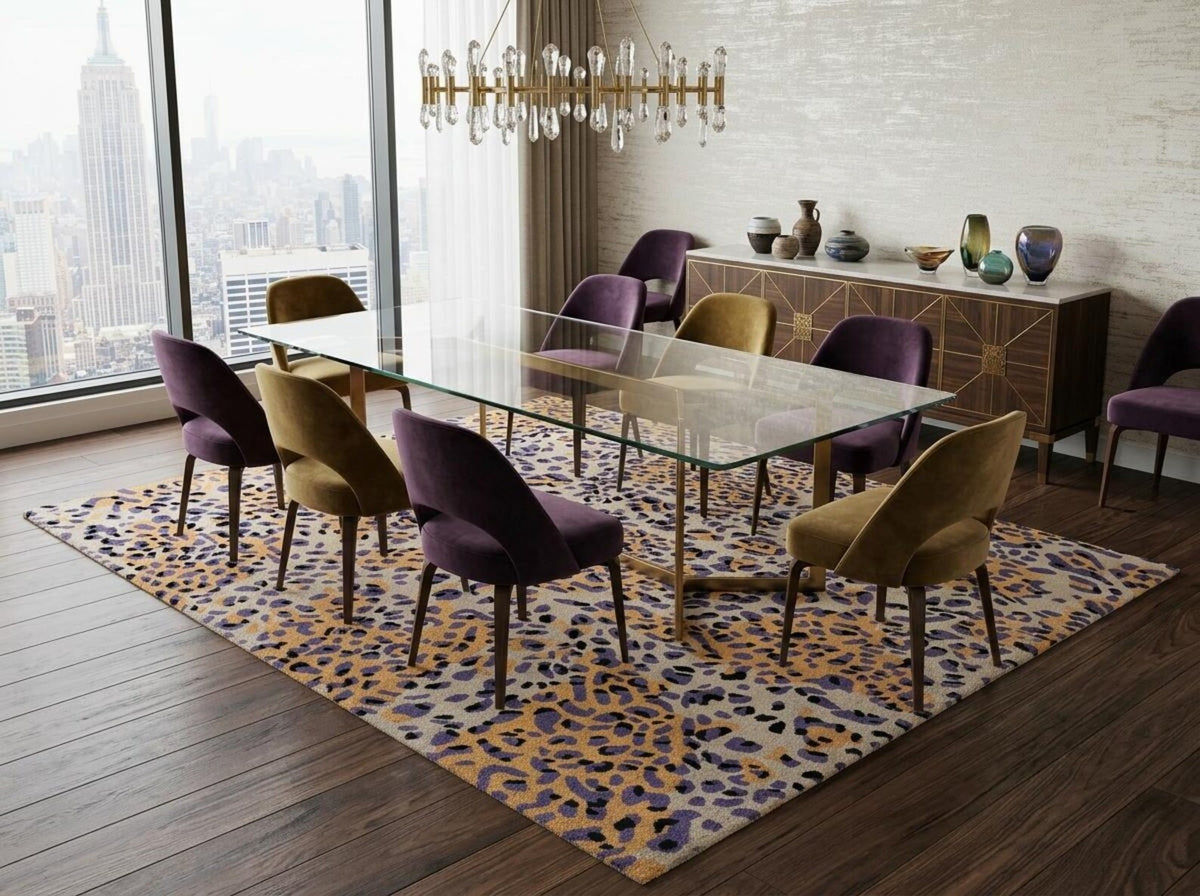 Leopard Print Area Rug, Modern Animal Pattern Rug, Purple Gold Wool Tufted Rug