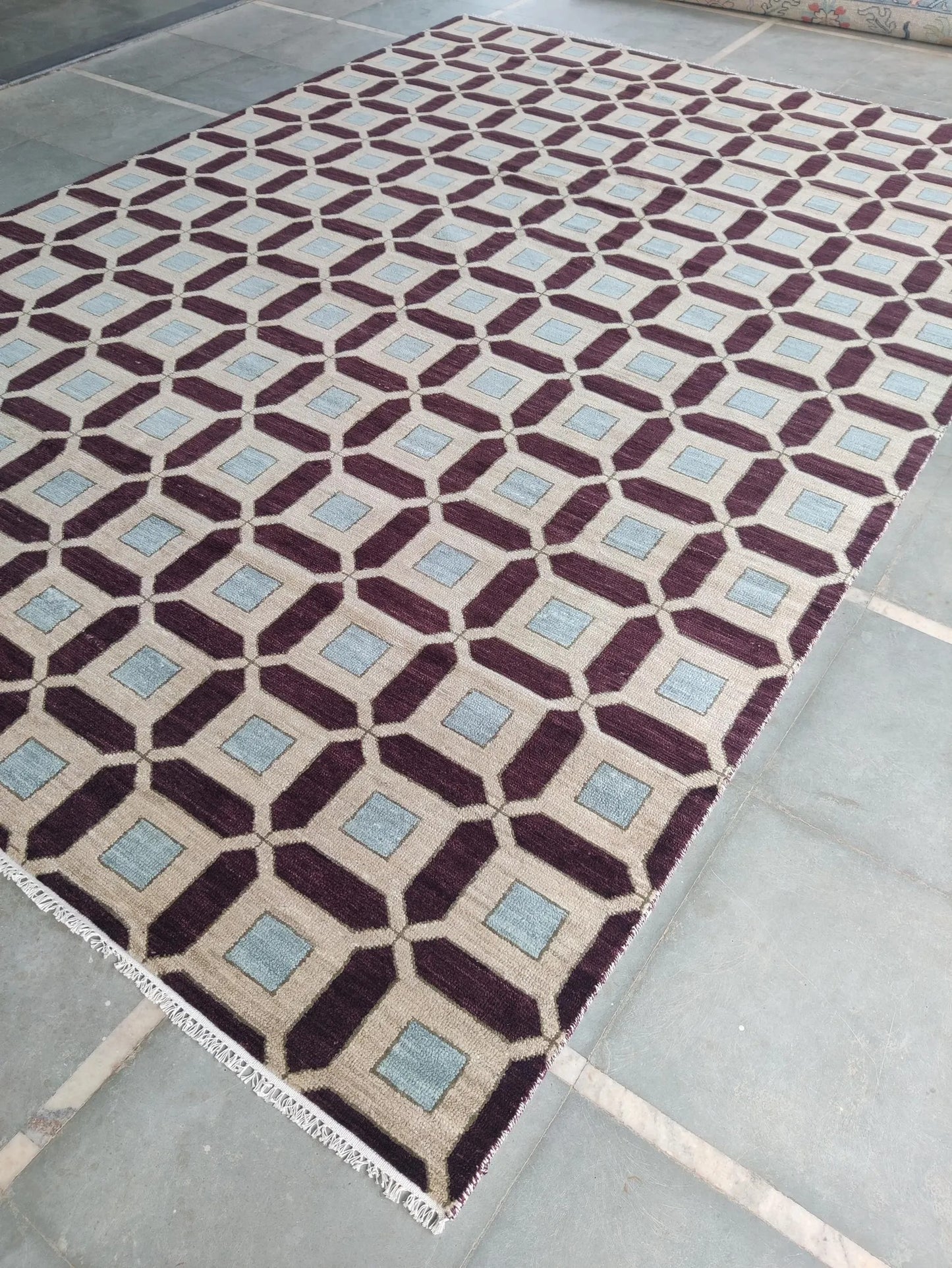 Plum & Ivory Architectural Checkered Lattice Grid Carpet for Living Room