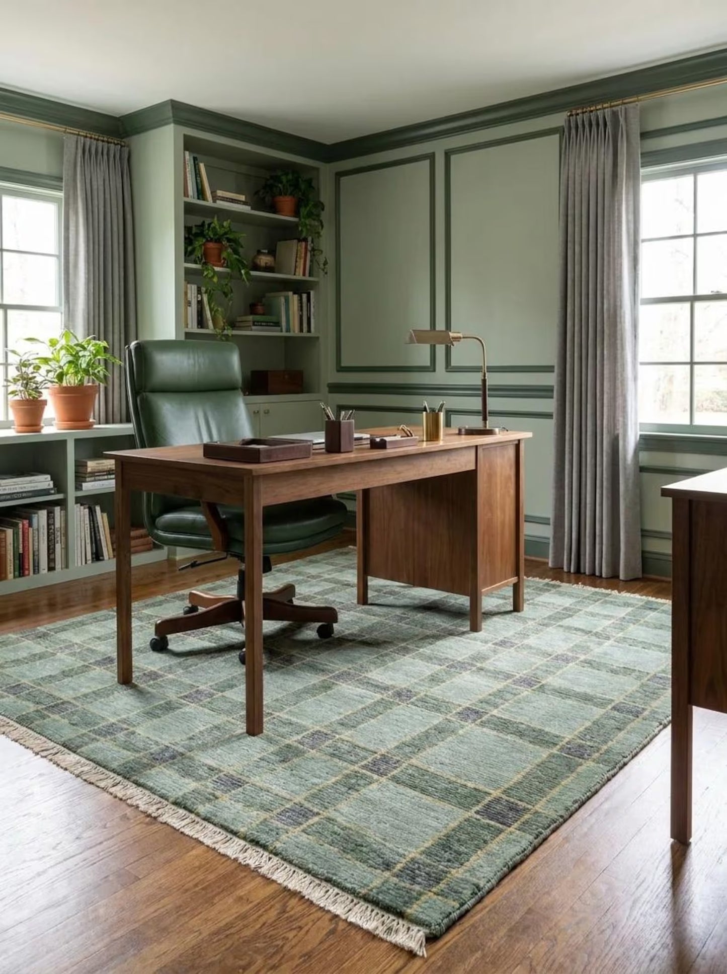 Hand-Knotted Wool Oushak Rug Sage Green Plaid Area Rug