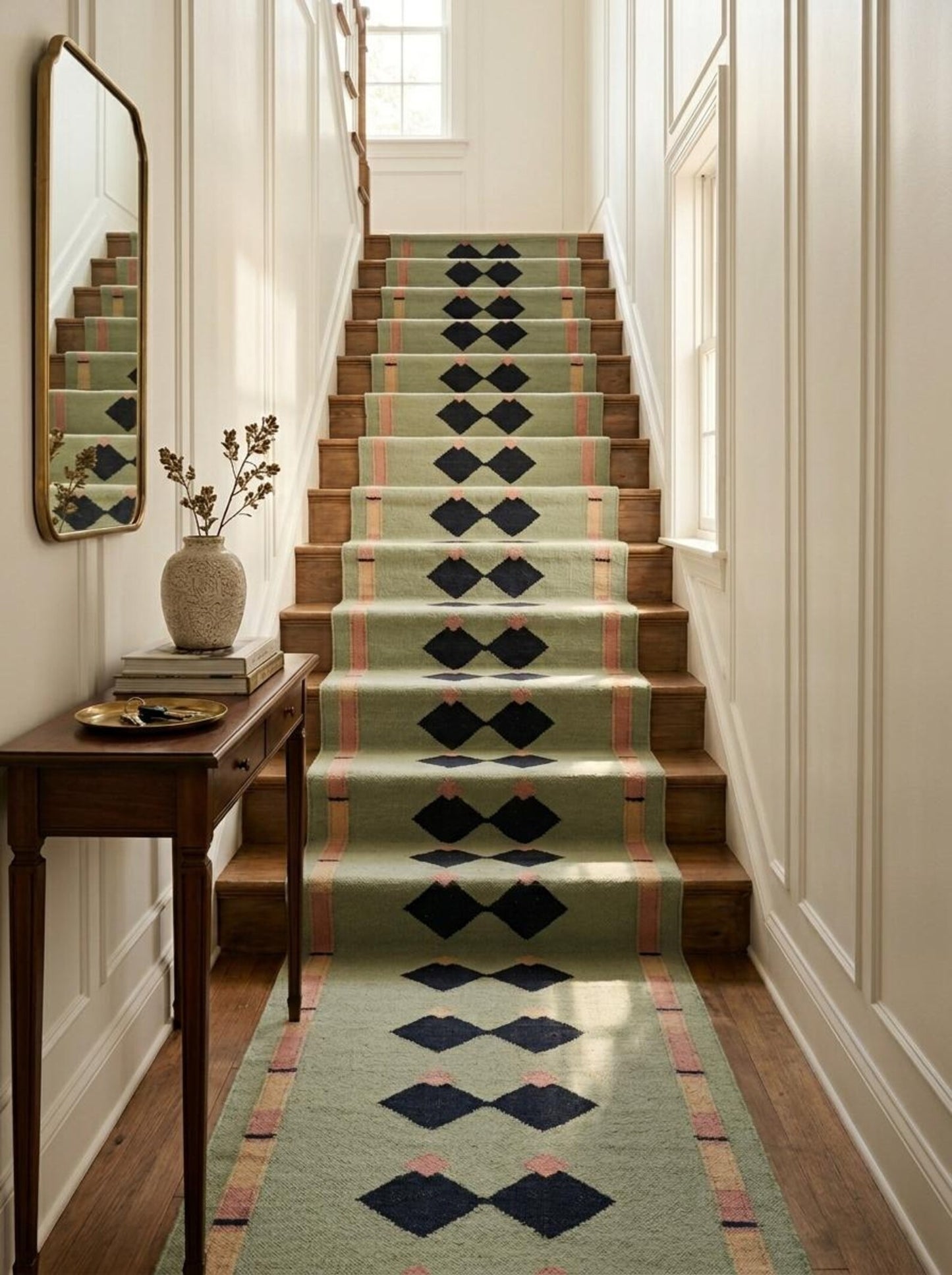 Blue Navy Geometric Pink Accent Boho Wool Flatweave Runner Rug