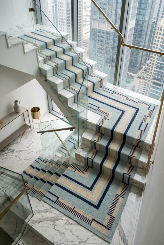 Blue Striped Wool Flatweave Runner Rug Modern Kitchen Runner