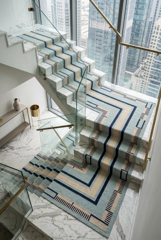 Blue Striped Wool Flatweave Runner Rug Modern Kitchen Runner