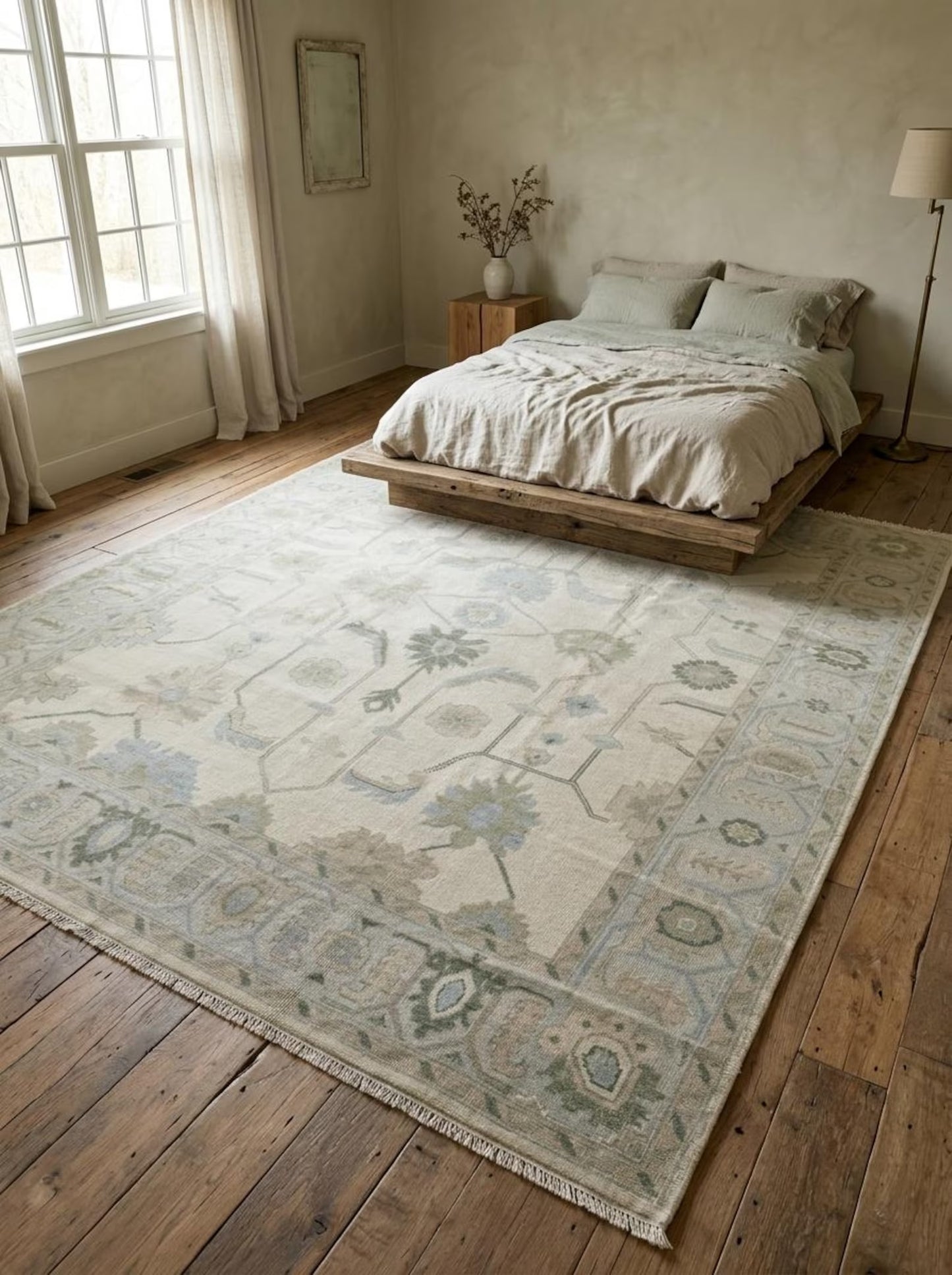 Hand Knotted Wool Ivory Floral Sage Green Blue Area Rug