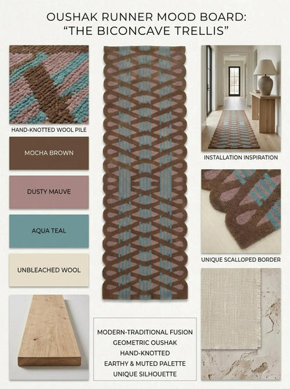 Hand Tufted Wool Runner Rug Scalloped Edge Brown Purple Teal  Stair Runner