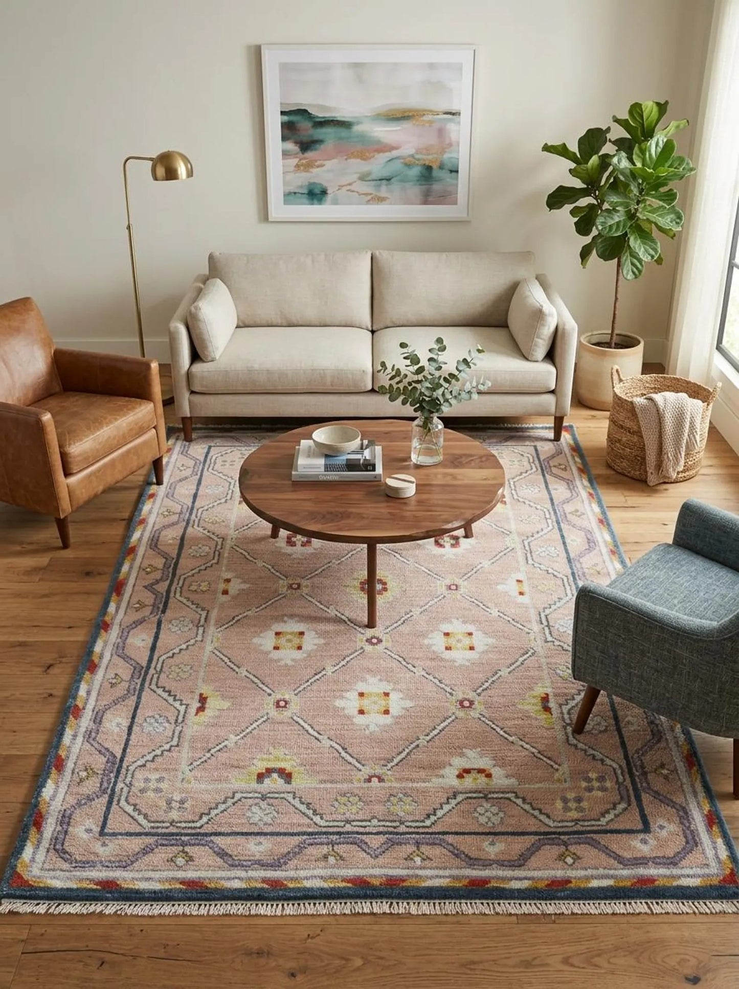 Luxury Blush Oushak Floor Rug for Living Room Bedroom