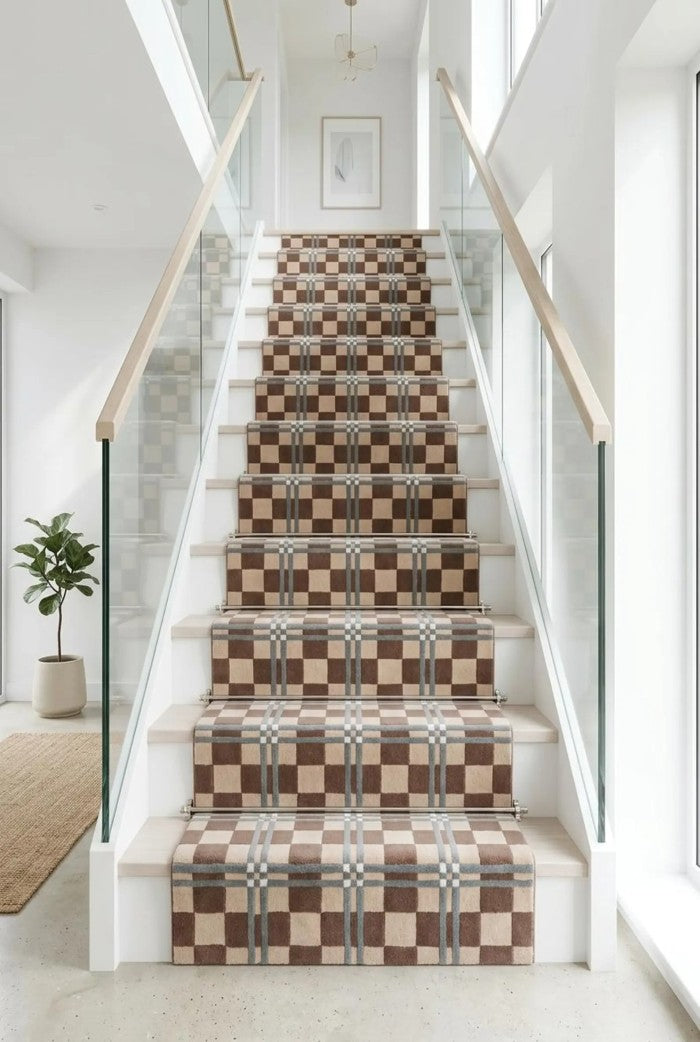 Hand Tufted Wool Runner Rug, Brown Beige Plaid Checkered Hallway Carpet