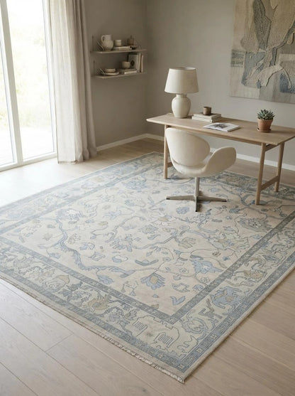 Ivory Blue Floral Oushak Inspired Bedroom Living Room Decor rug