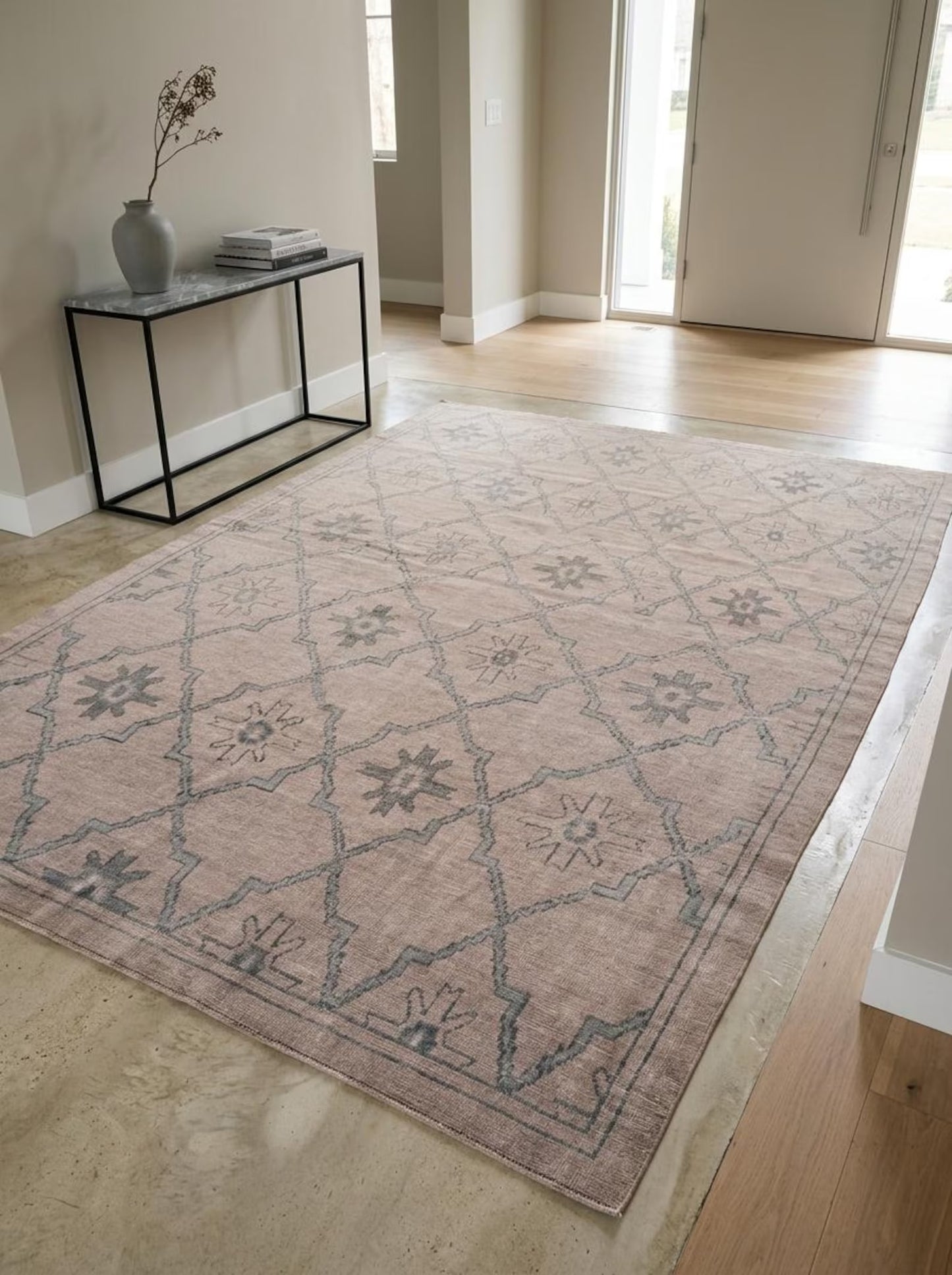 Neutral Diamond Lattice Hand Knotted Rug