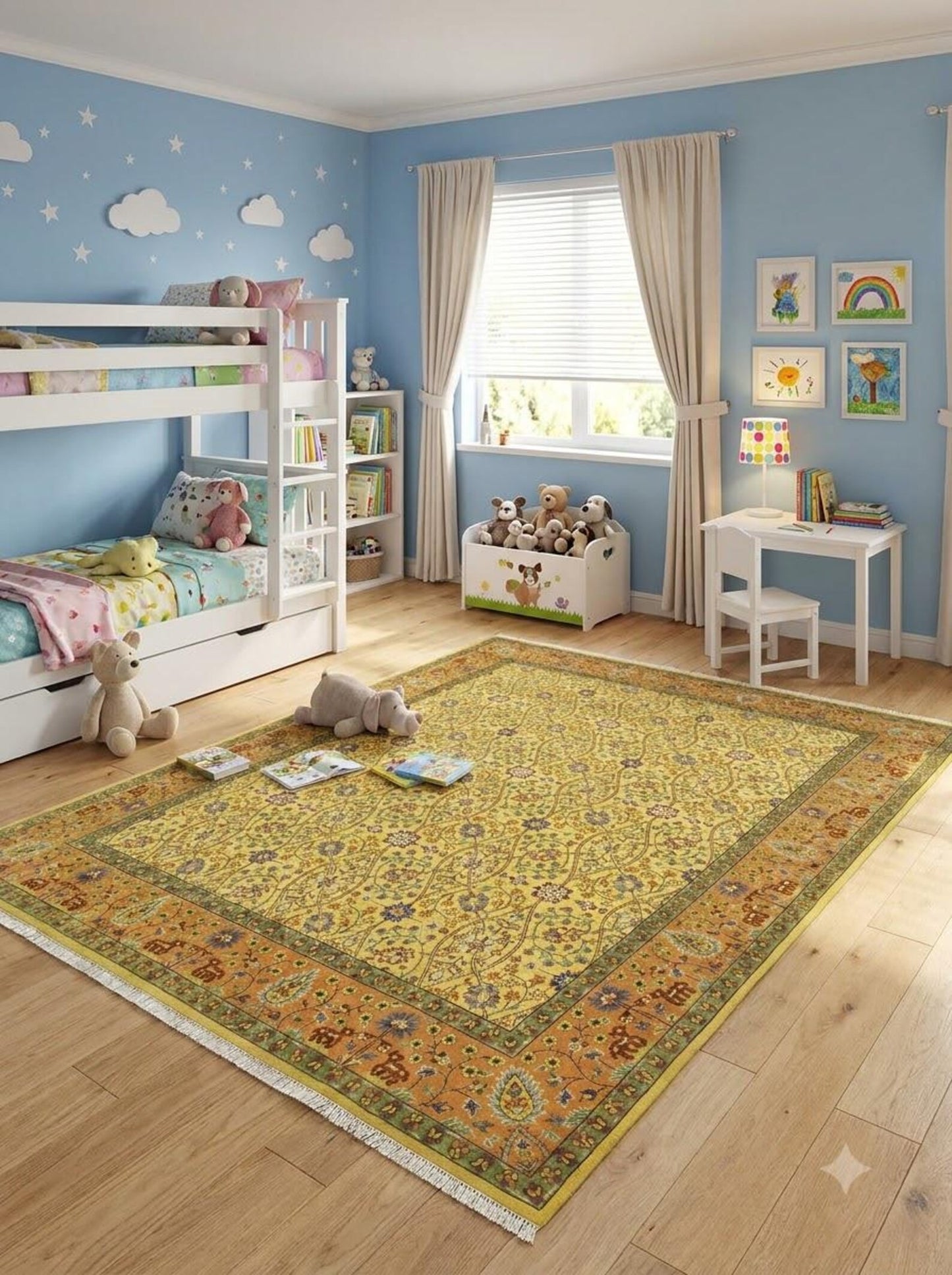 Hand-Knotted Wool Oushak Rug Gold Yellow Floral Carpet Rust Orange Border