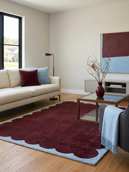 Burgundy Scalloped Area Rug, Maroon Wool Carpet, Handmade Bedroom Rug, Living Room Designer Rug
