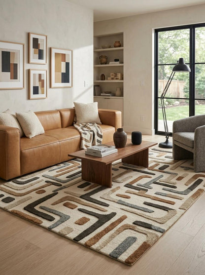 Hand Tufted Wool Carpet, Abstract Line Pattern Rug, Neutral Tone Area Rug