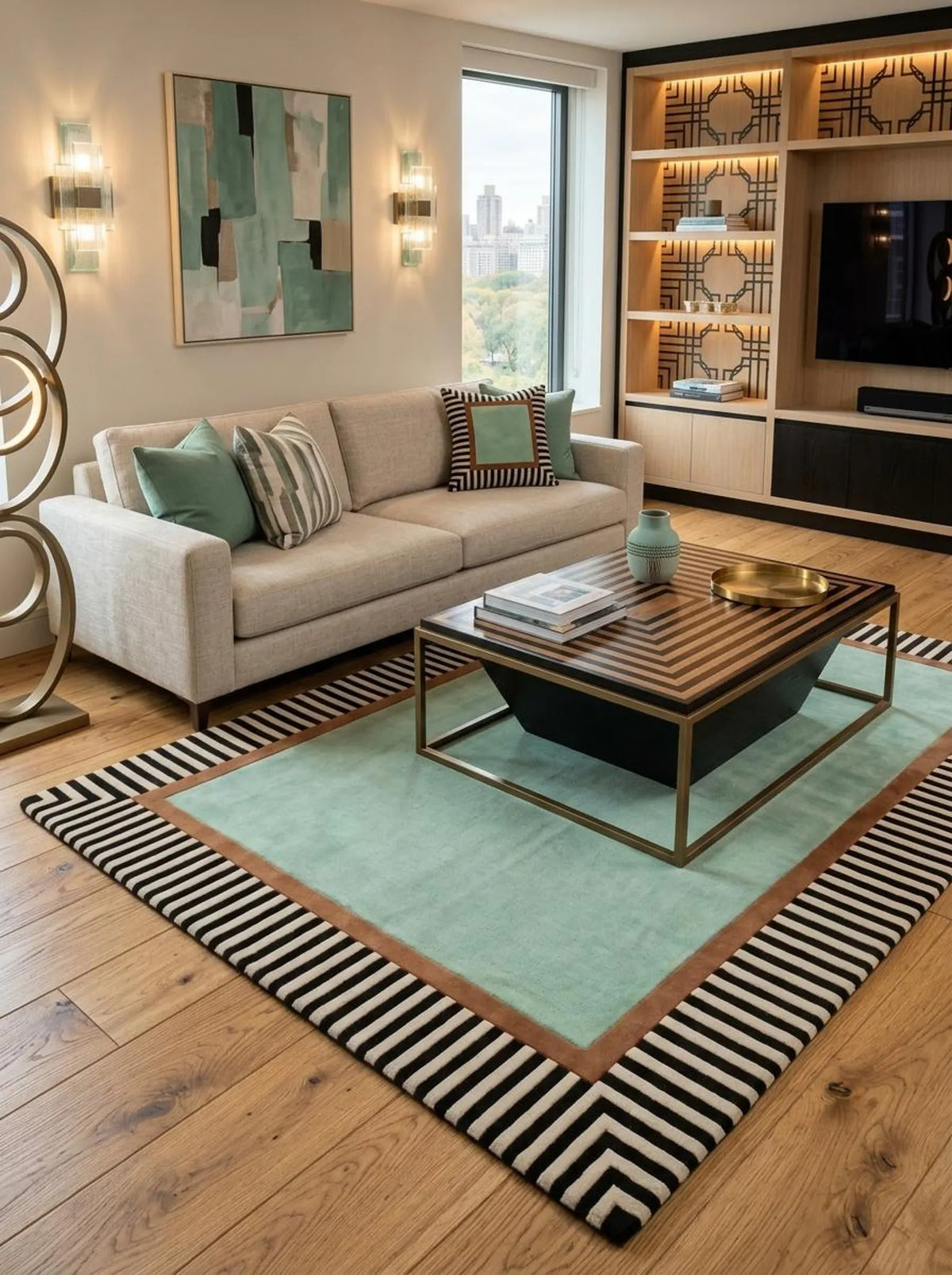 Hand Tufted Wool Rug, Mint Green Area Carpet, Black White Striped Border Rug, Modern Geometric Rug