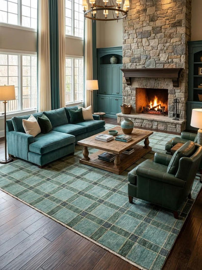 Hand-Knotted Wool Oushak Rug Sage Green Plaid Area Rug