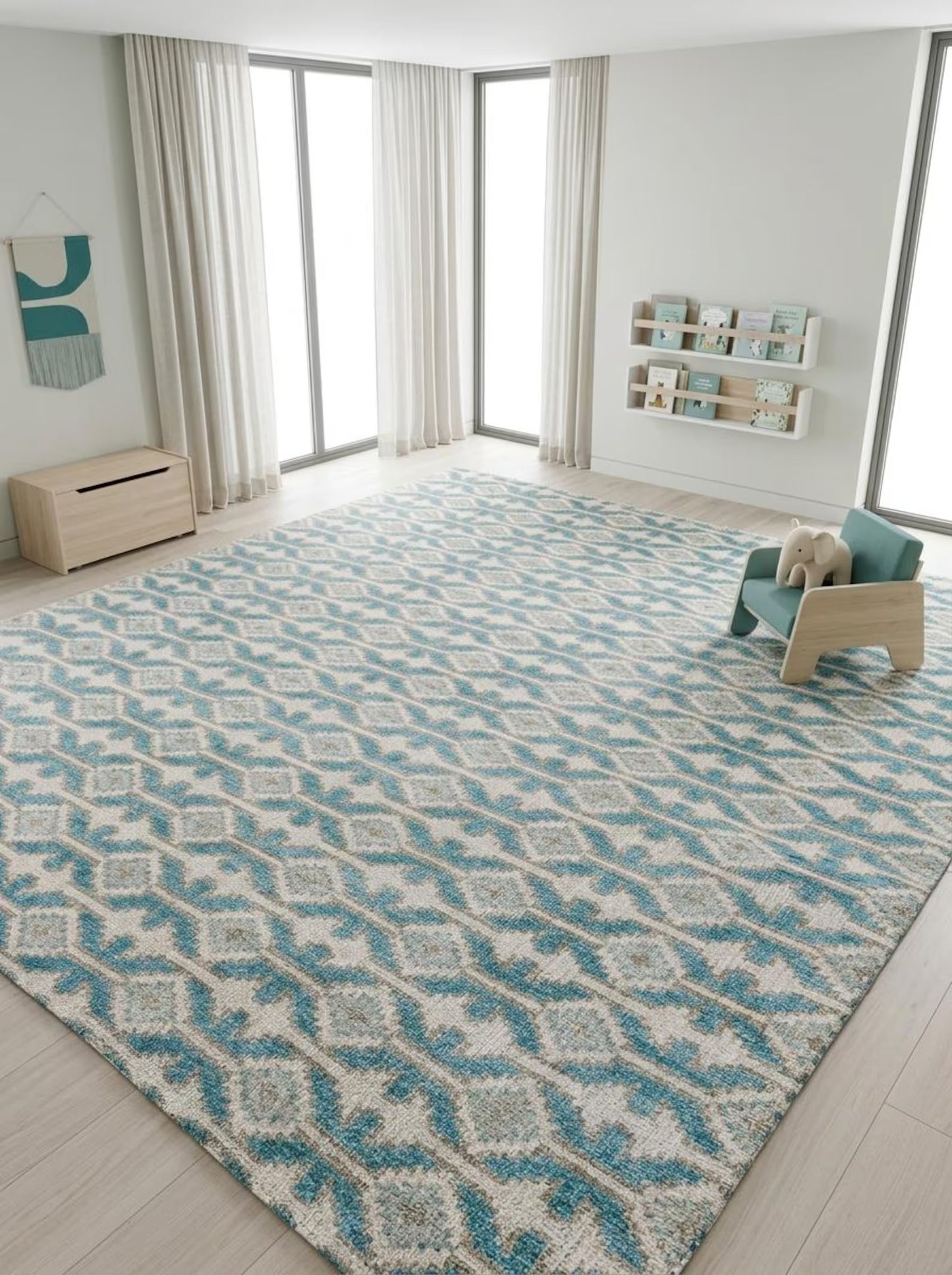 Hand-Knotted Wool Oushak Rug Blue & Ivory Modern-Style Carpet