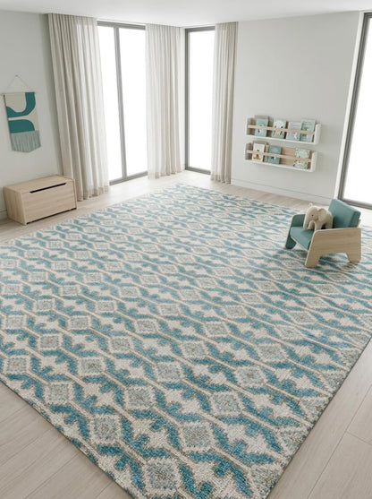 Hand-Knotted Wool Oushak Rug Blue & Ivory Modern-Style Carpet