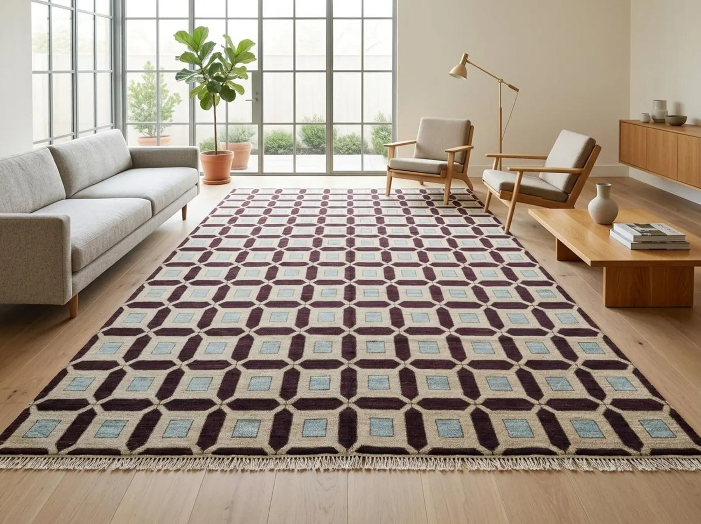 Plum & Ivory Architectural Checkered Lattice Grid Carpet for Living Room