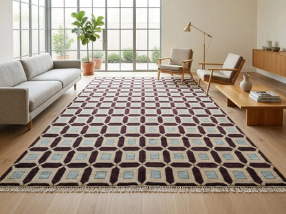 Plum & Ivory Architectural Checkered Lattice Grid Carpet for Living Room