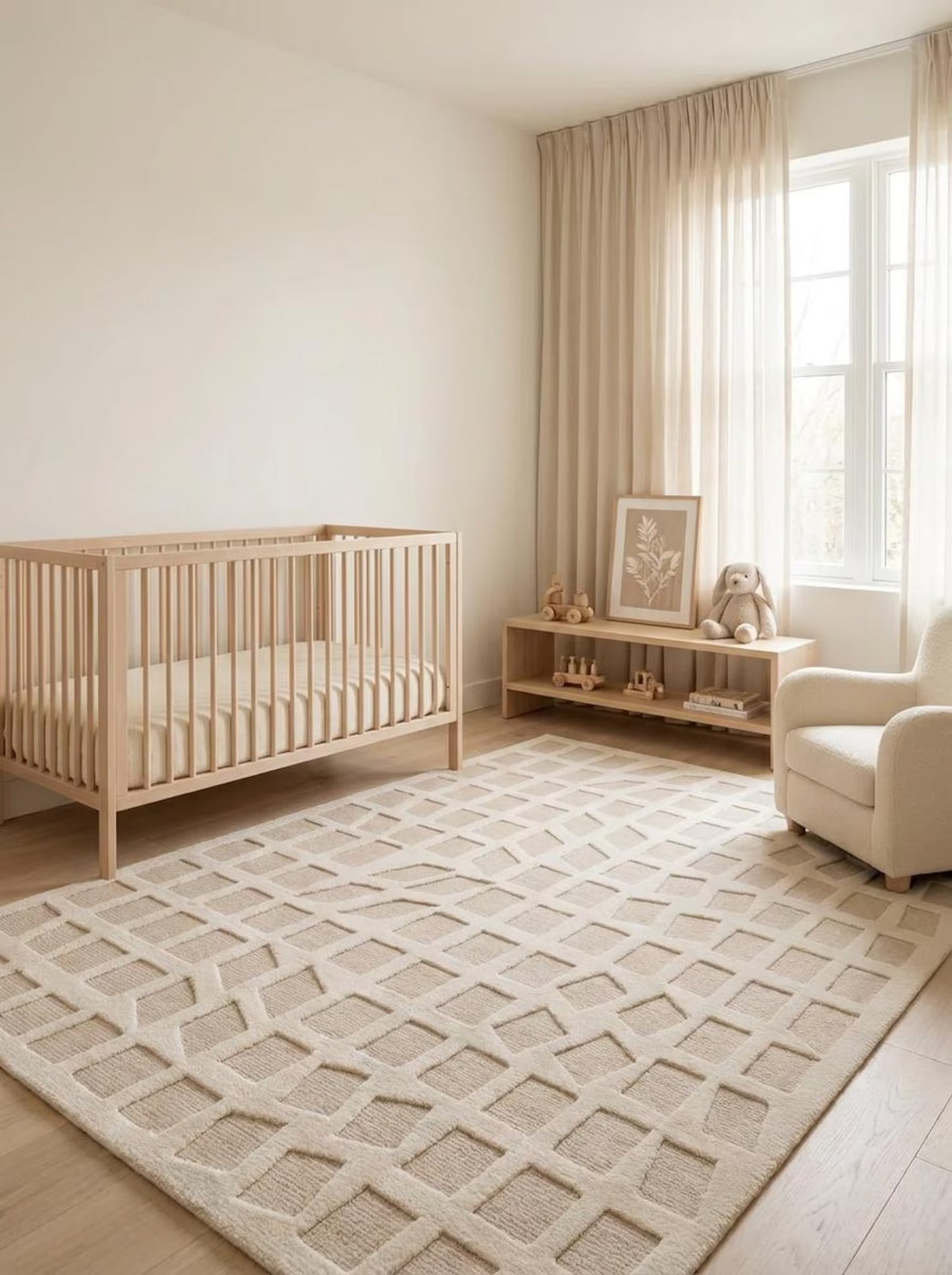 Geometric Grid Plaid Neutral-Tone Rug, Hand-Knotted Beige Wool Rug