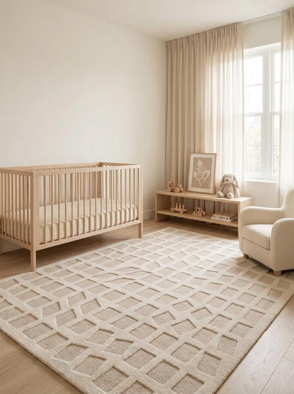 Geometric Grid Plaid Neutral-Tone Rug, Hand-Knotted Beige Wool Rug
