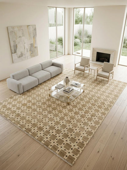 Hand-Knotted Beige Grid Plaid Neutral-Tone Rug