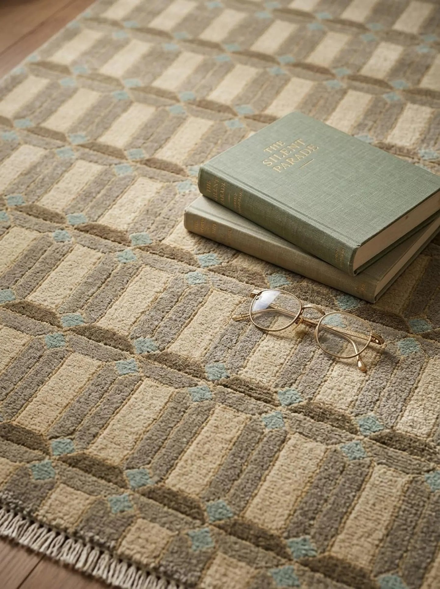 Beige Beveled Block Geometric Hand Knotted Wool Rug