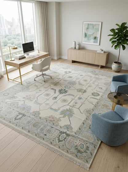 Hand Knotted Wool Ivory Floral Sage Green Blue Area Rug