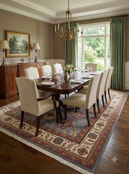 Hand-Knotted Wool Oushak Rug, Blue Tribal Area Carpet, Geometric Floral Modern Rug