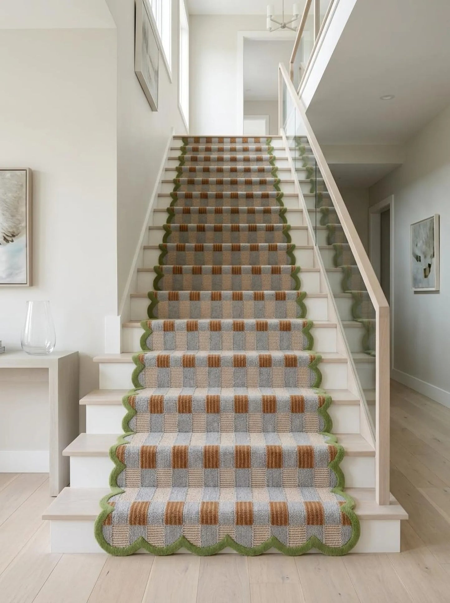 Scalloped Checkered Hallway Runner, Blue-Brown-Green Geometric Runner
