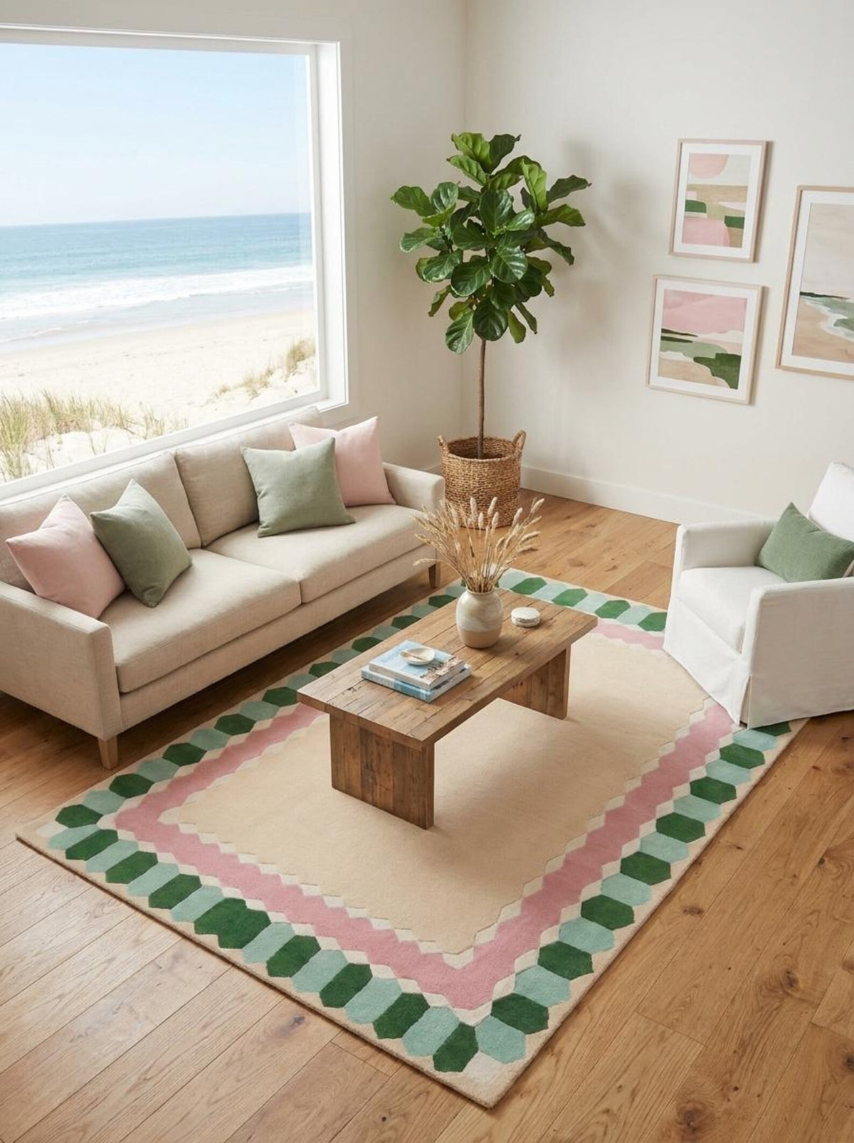 Geometric Border Carpet, Pink Green Area Rug, Nursery Living Room, Bedroom Tufted Rug