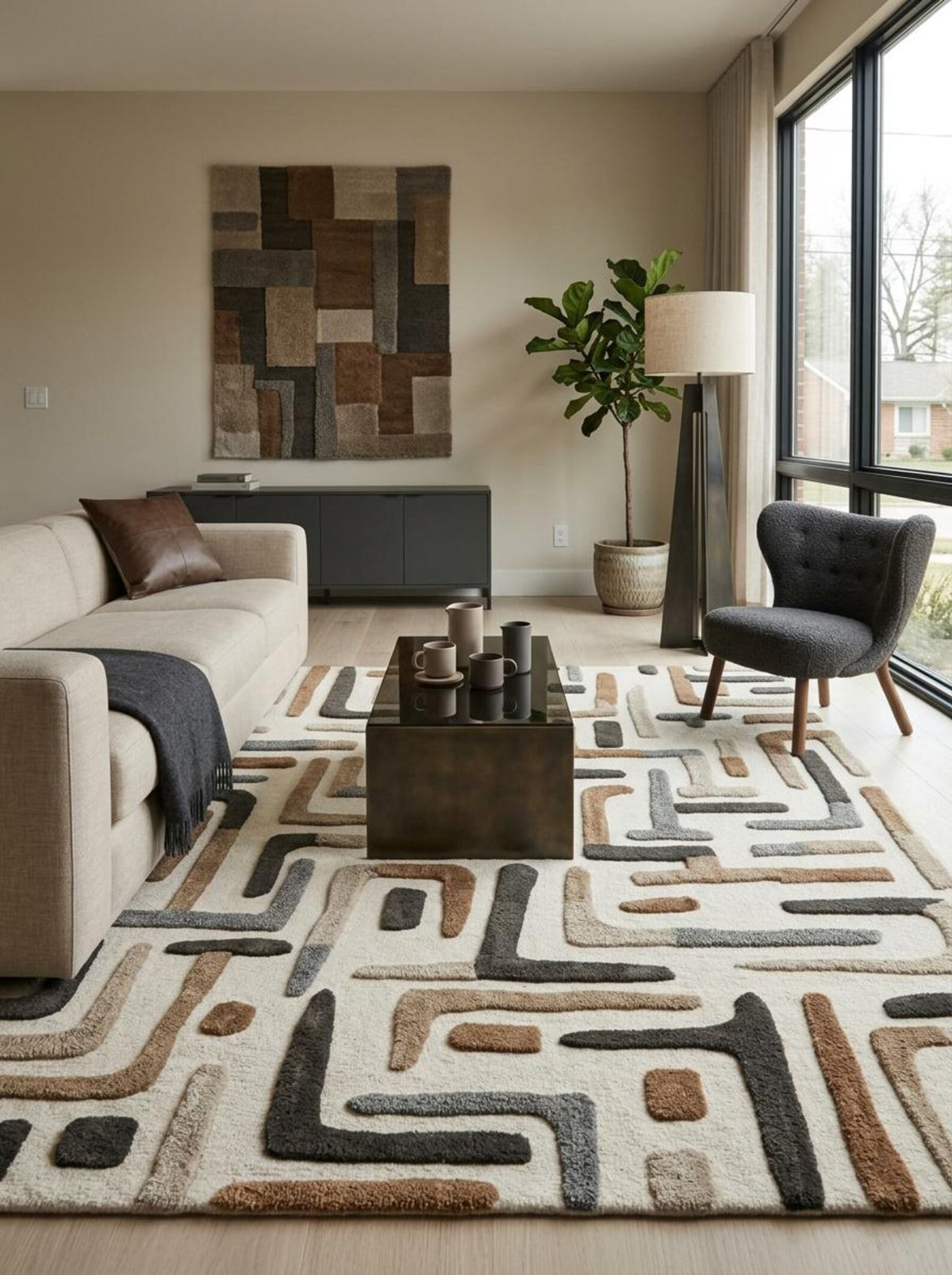 Hand Tufted Wool Carpet, Abstract Line Pattern Rug, Neutral Tone Area Rug