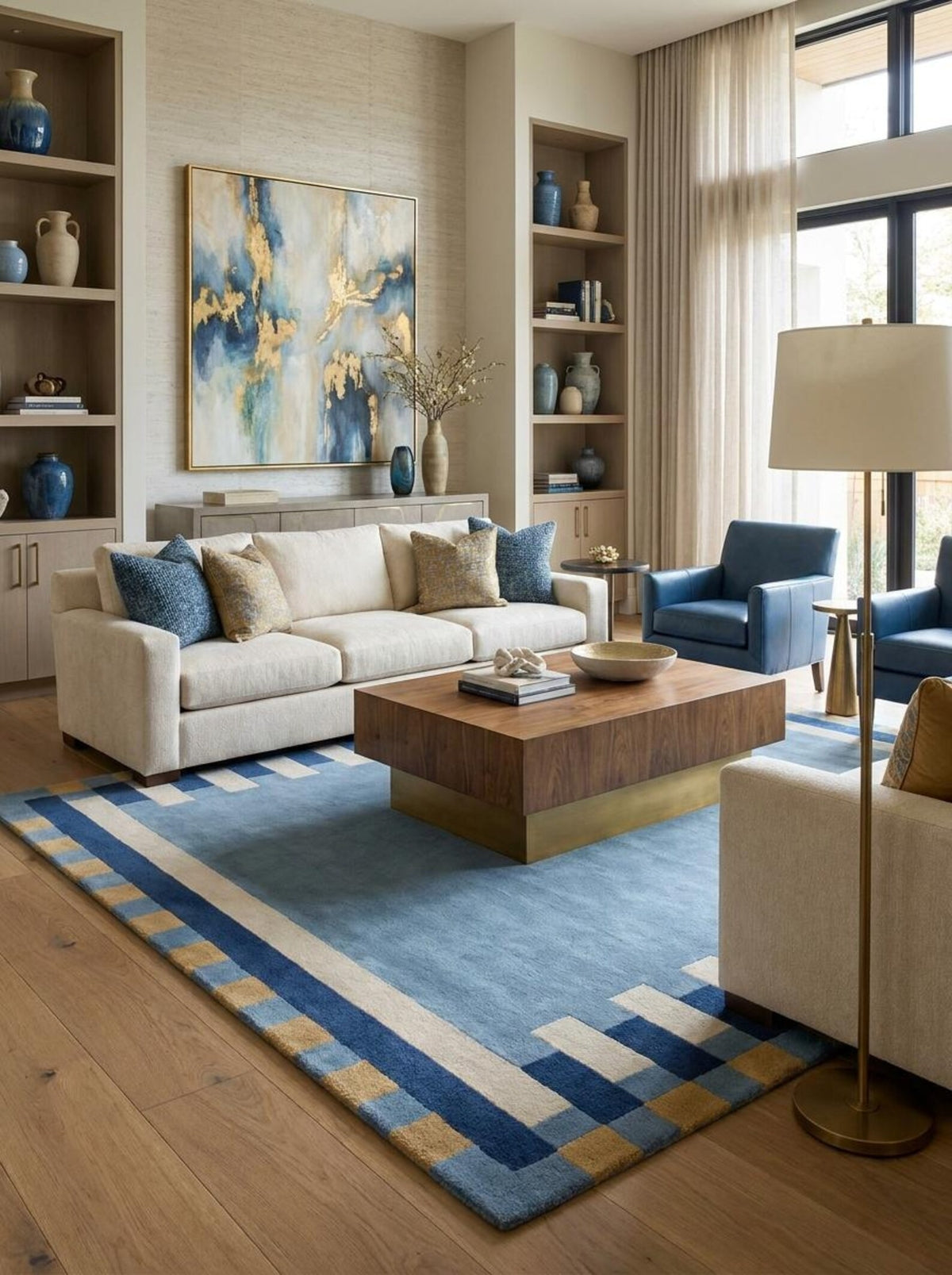 Dusty Blue Geometric Tufted Rug, Handmade Wool Area Rug Modern Nursery & Living Room Carpet