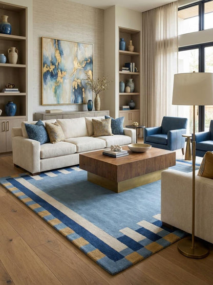 Dusty Blue Geometric Tufted Rug, Handmade Wool Area Rug Modern Nursery & Living Room Carpet
