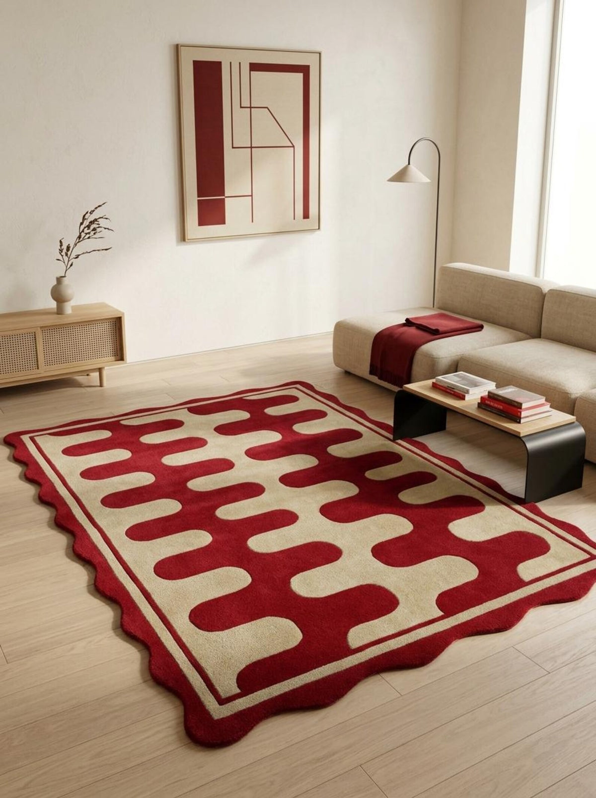 Hand Tufted Wool Rug, Red Cream Geometric Carpet, Wavy Scalloped Border Area Rug