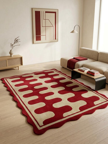 Hand Tufted Wool Rug, Red Cream Geometric Carpet, Wavy Scalloped Border Area Rug