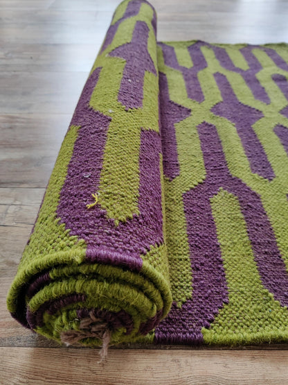 Wool Jute Kilim Runner Rug, Green Purple Geometric Flatweave Rug