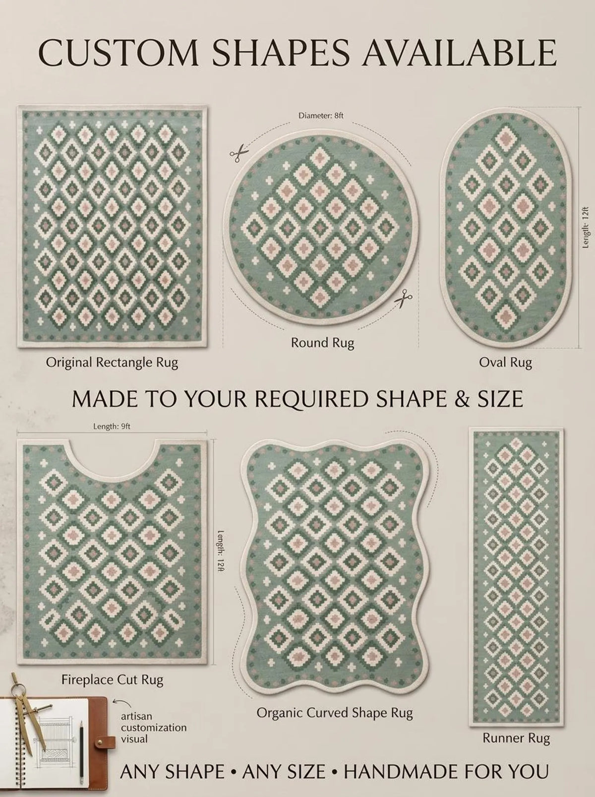 Pastel Green Hand Tufted Wool Rug, Geometric Diamond Pattern Carpet