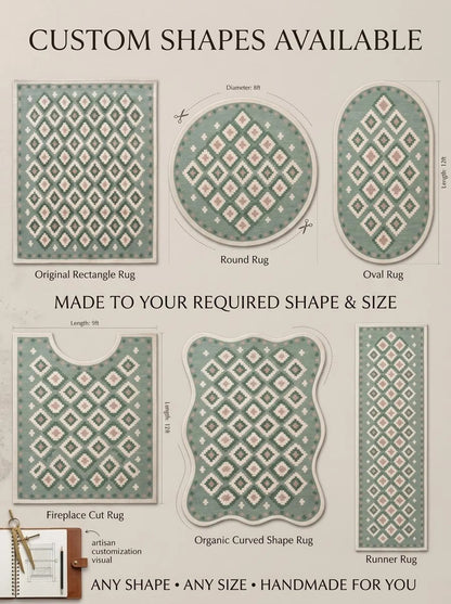 Pastel Green Hand Tufted Wool Rug, Geometric Diamond Pattern Carpet