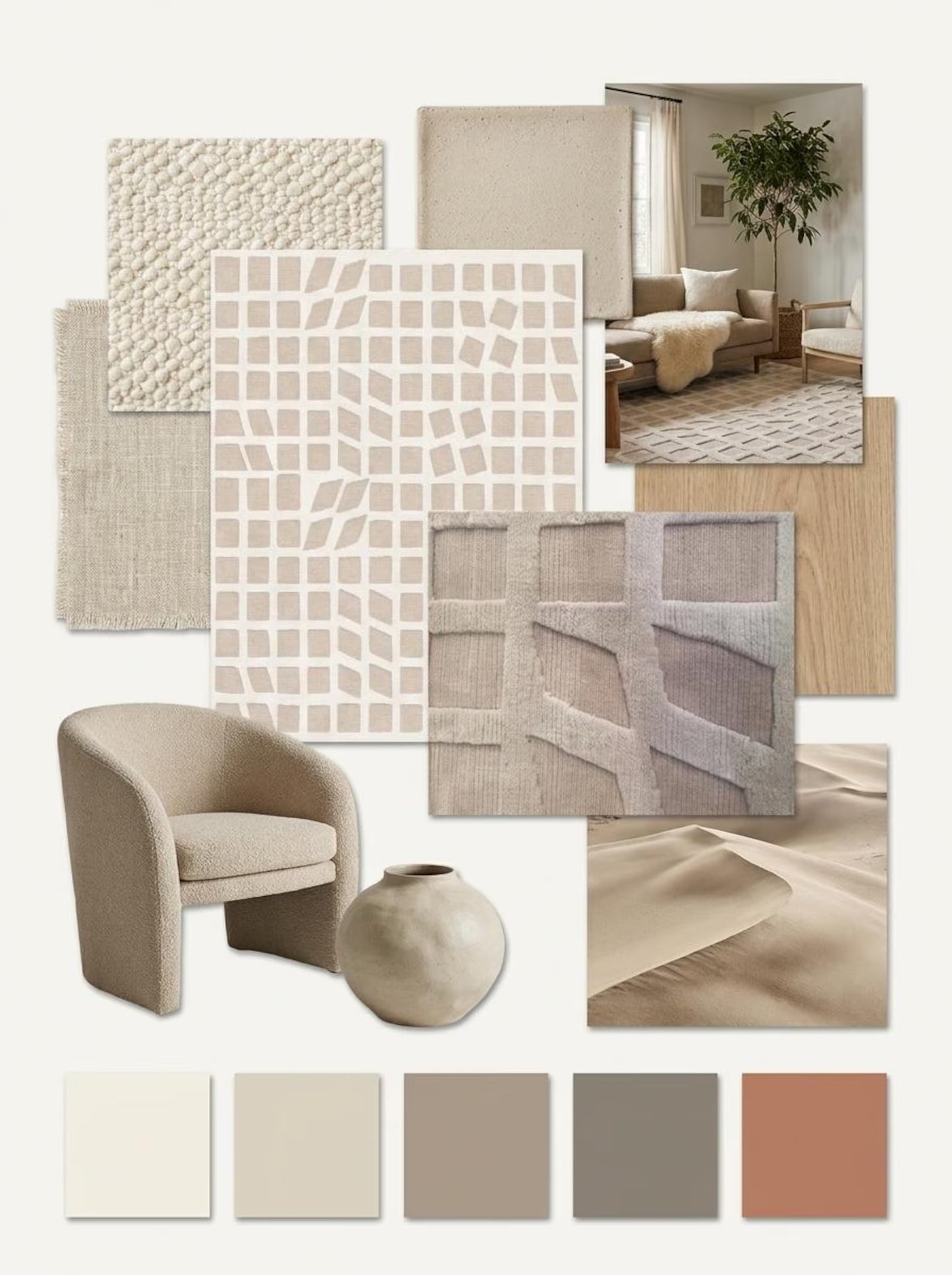 Geometric Grid Plaid Neutral-Tone Rug, Hand-Knotted Beige Wool Rug