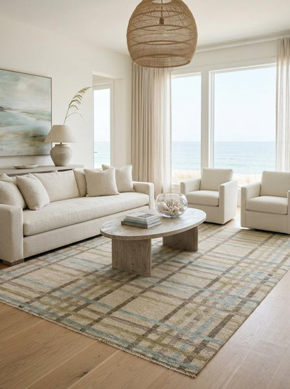 Neutral Beige Blue Gray Turkish-Style Area Rug