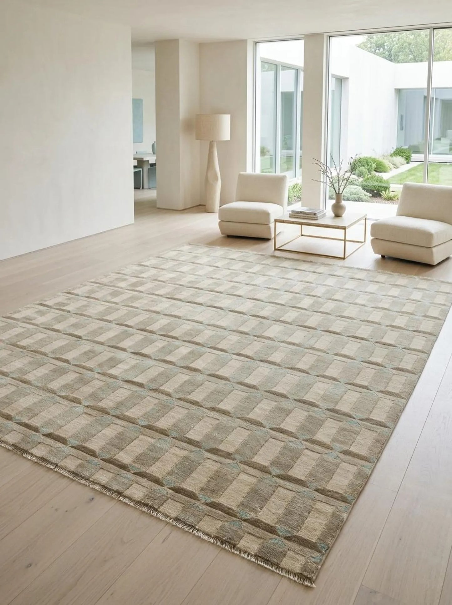 Beige Beveled Block Geometric Hand Knotted Wool Rug