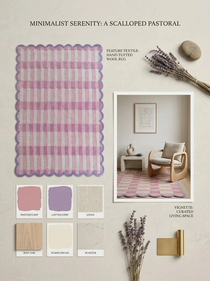 Pink Scalloped Hand-Tufted Rug, Modern Wool Area Carpet, Checkerboard Tufted Rug