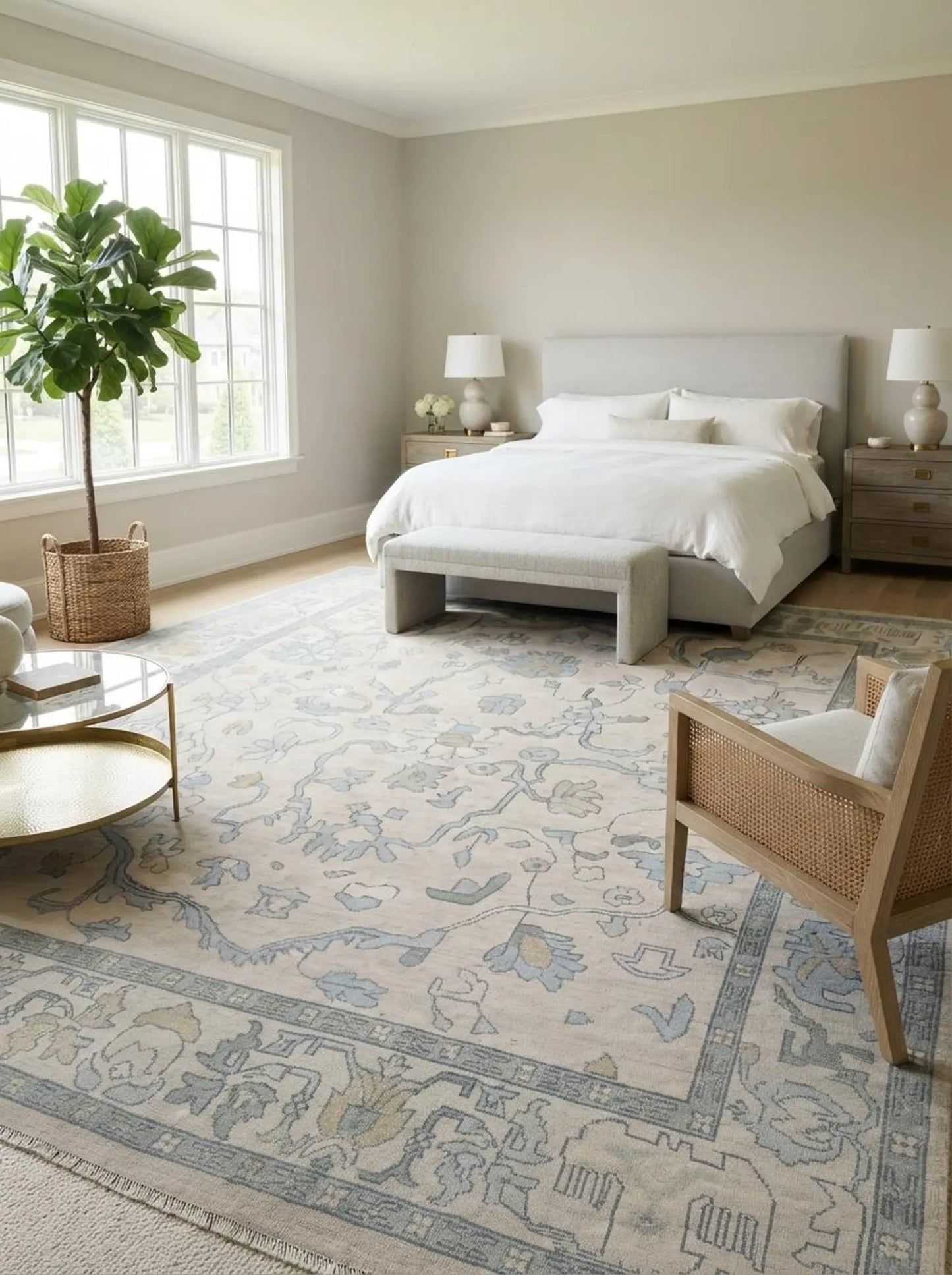 Ivory Blue Floral Oushak Inspired Bedroom Living Room Decor rug