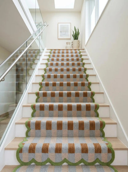 Scalloped Checkered Hallway Runner, Blue-Brown-Green Geometric Runner