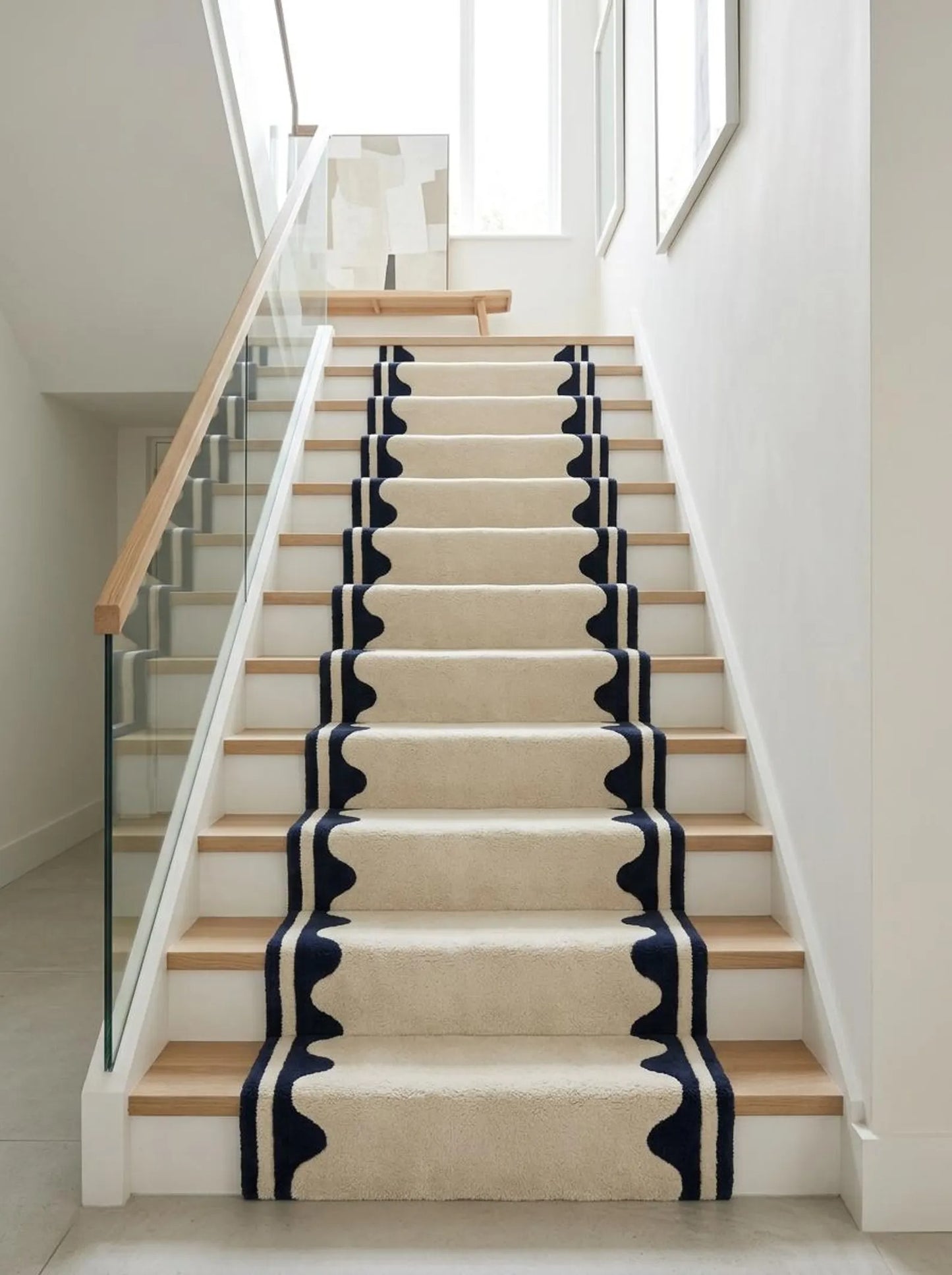 Hand Tufted Wool Runner Rug - Scalloped Navy Blue Border Ivory Hallway Carpet