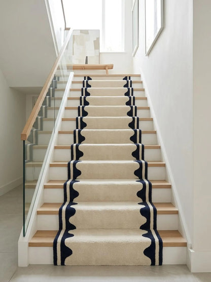 Hand Tufted Wool Runner Rug - Scalloped Navy Blue Border Ivory Hallway Carpet