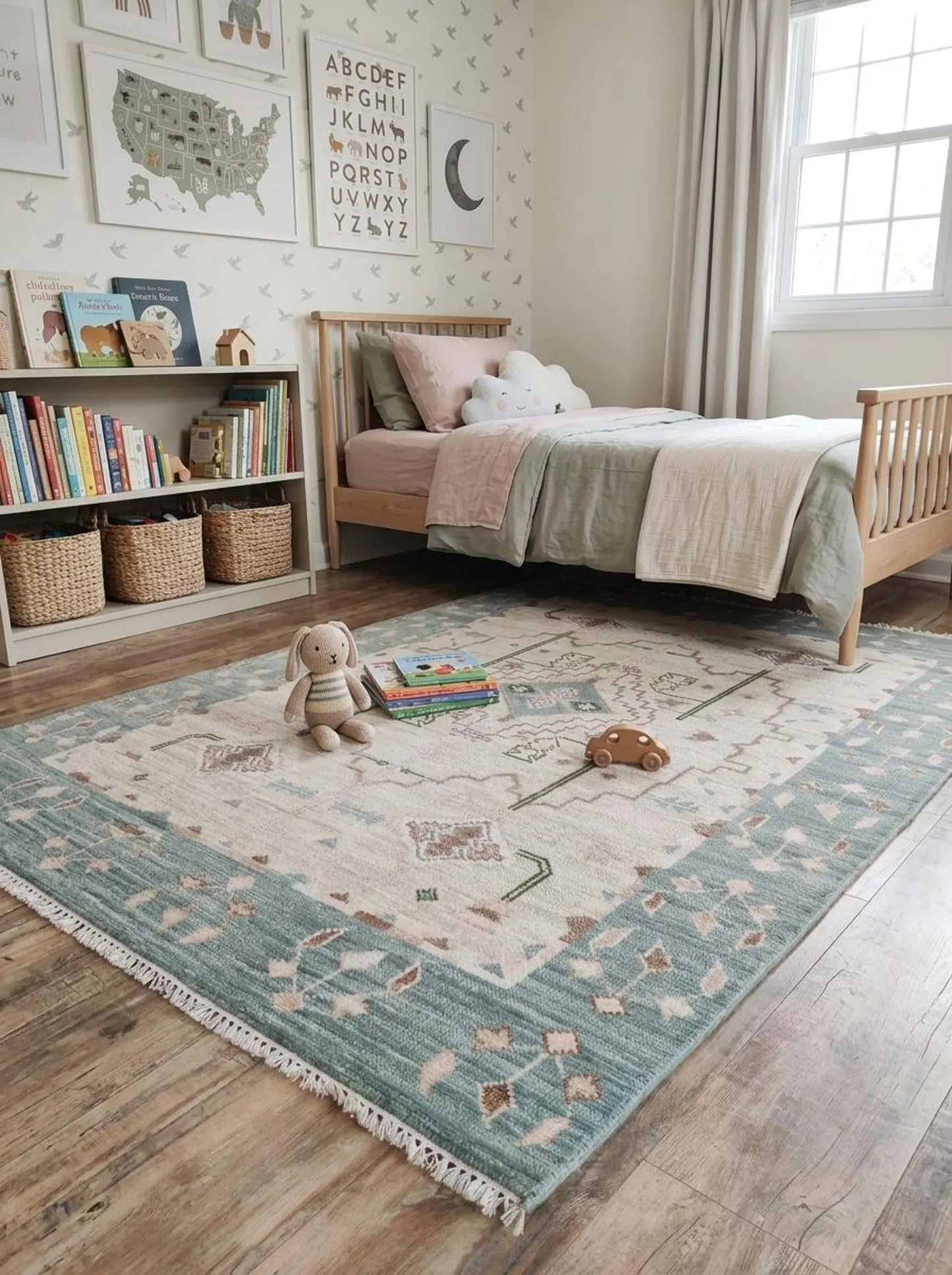 Muted Blue & Off White Medallion Rug Soft Pastel Aesthetic Carpet