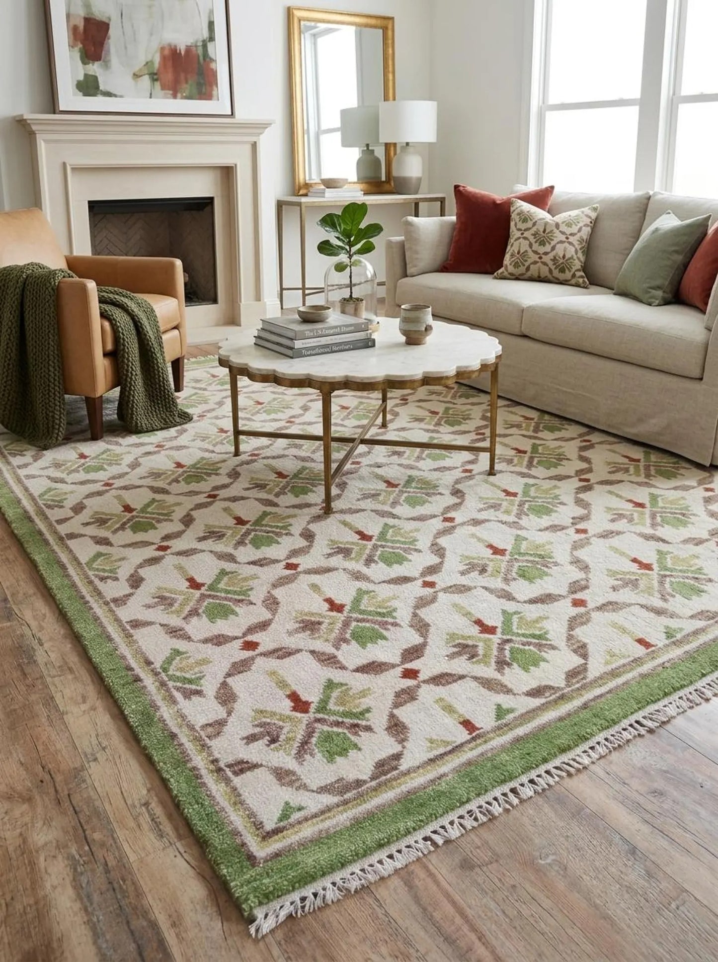 Olive Trellis Lattice Sage Green & Cream Oushak Rug