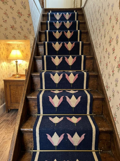 Handwoven Blue Floral Wool Flatweave Runner Rug