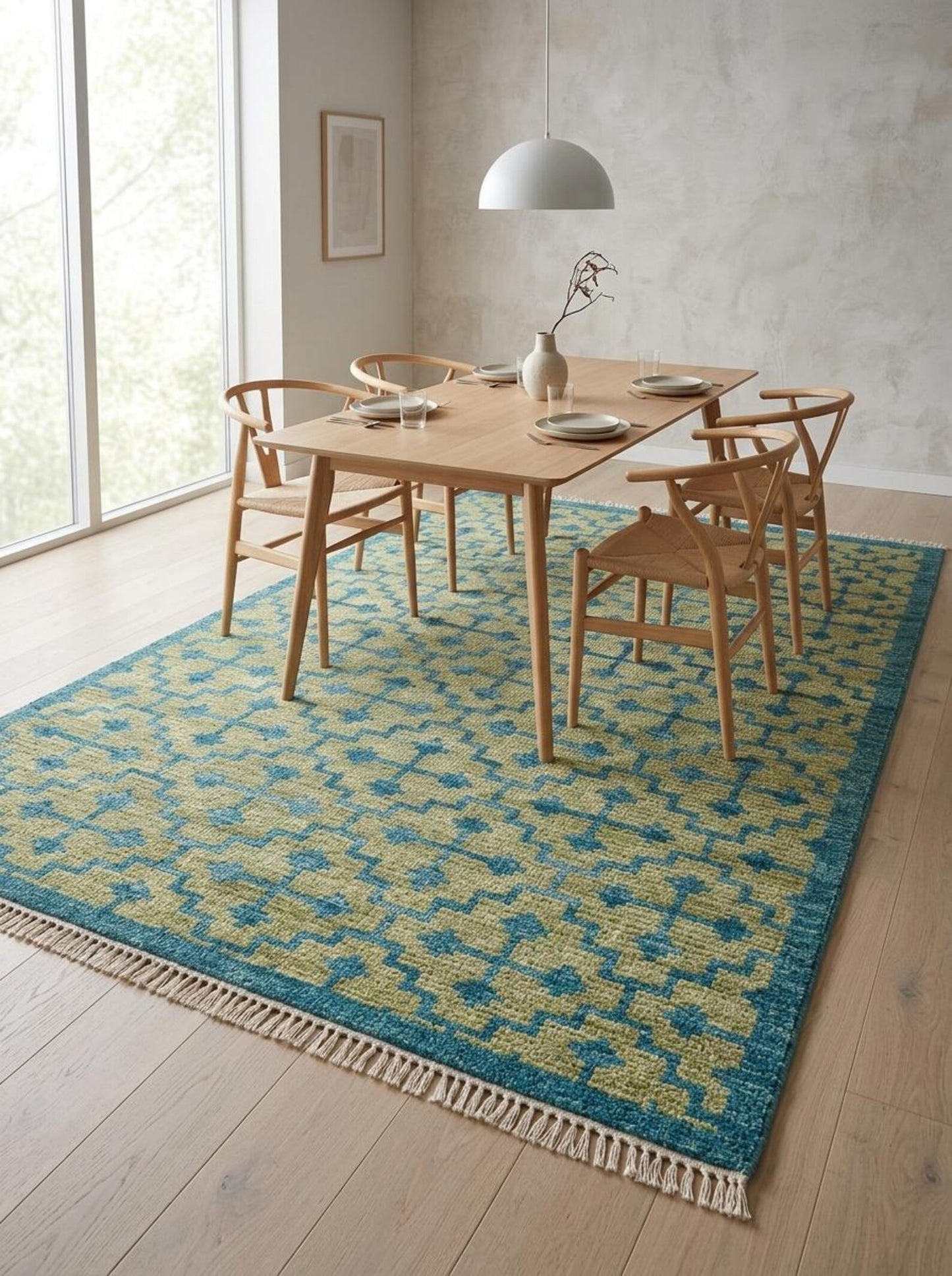 Teal Lattice Olive Diamond Hand Knotted Rug