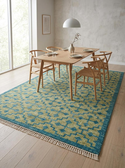 Teal Lattice Olive Diamond Hand Knotted Rug